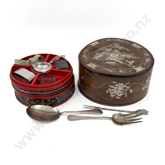 Inlaid Sewing Box (faults) Together with Lacquered box and Assorted