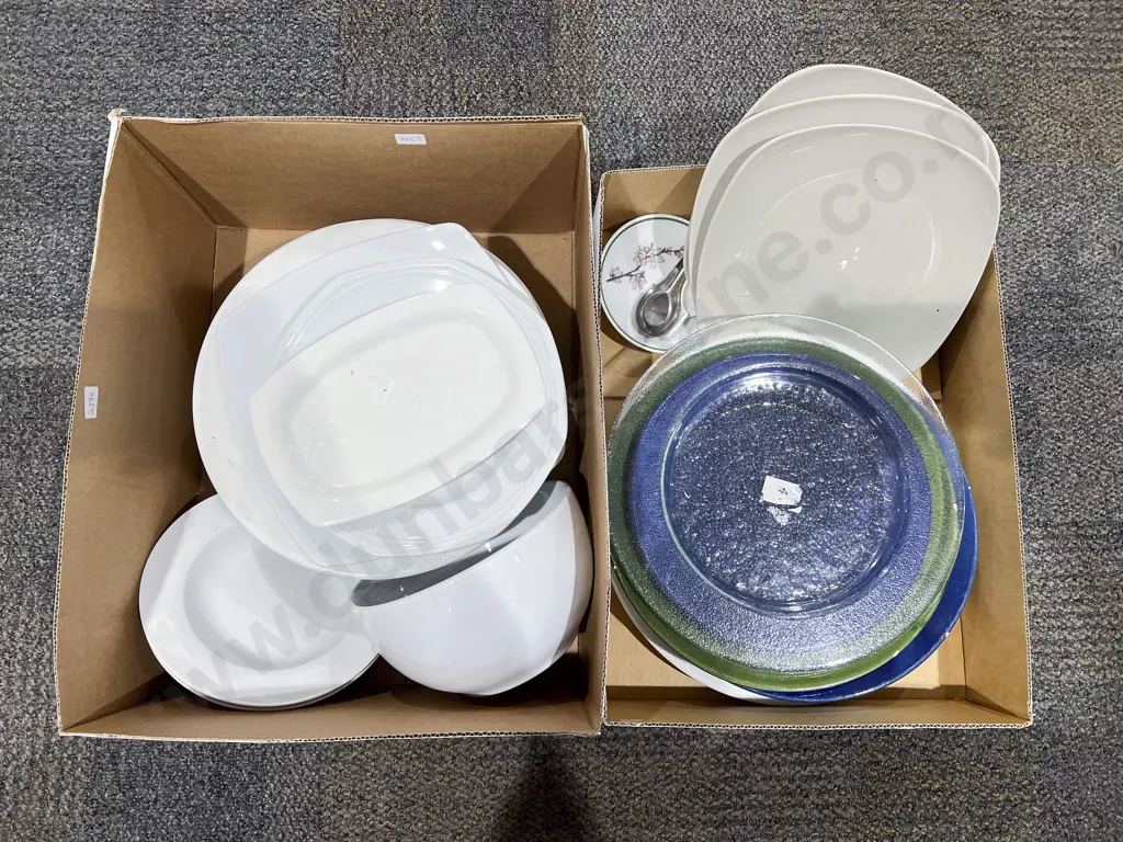 Two Boxes of White Crockery and Glassware Etc Image 1++