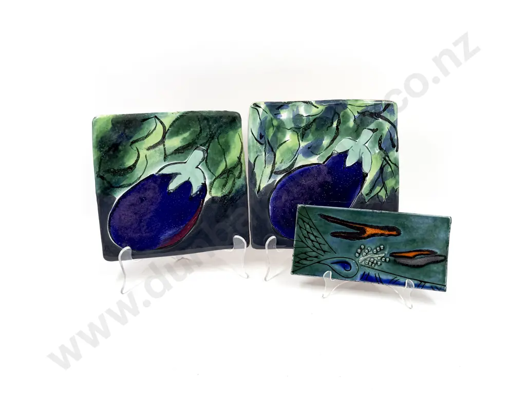 Morris & James Pair of Egg Plant Wall Hanging Tiles Together With Boxed Smaller Tile Image 1++