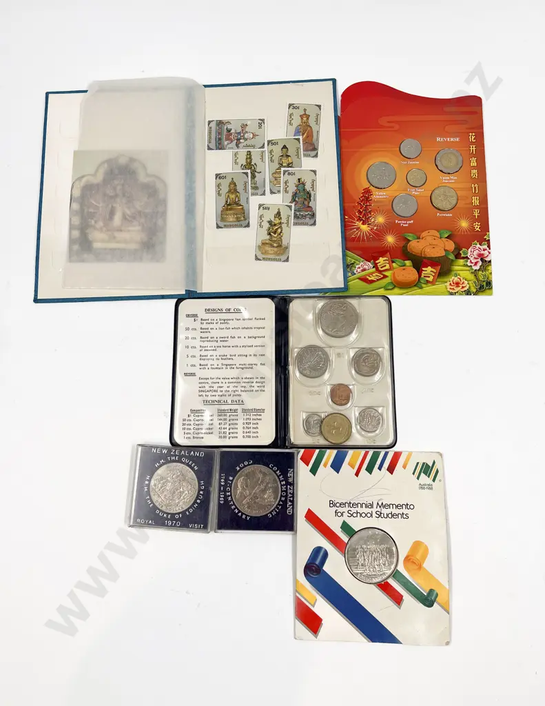 Singapore and other Comm. Coins (6) and Mongolian Stamp Pack Image 1++