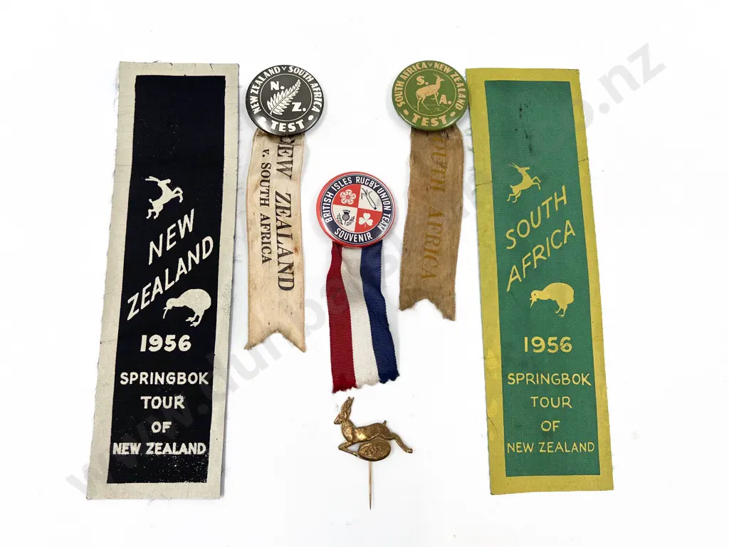 NZ 1956 All Blacks V South Africa Tin Badge x2 with Ribbons Lapel Pin and British Isles Badge Image 1++