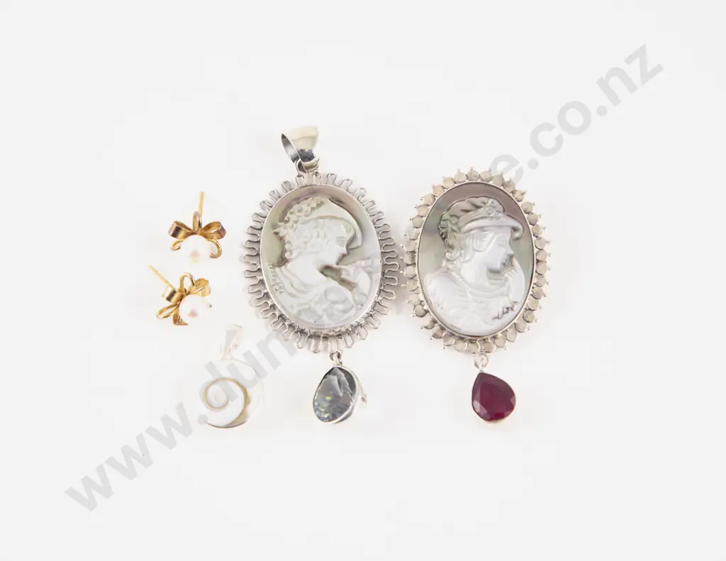 S/S and Paua Portrait Pendant and Brooch with Pair Pair Earrings Image 1++