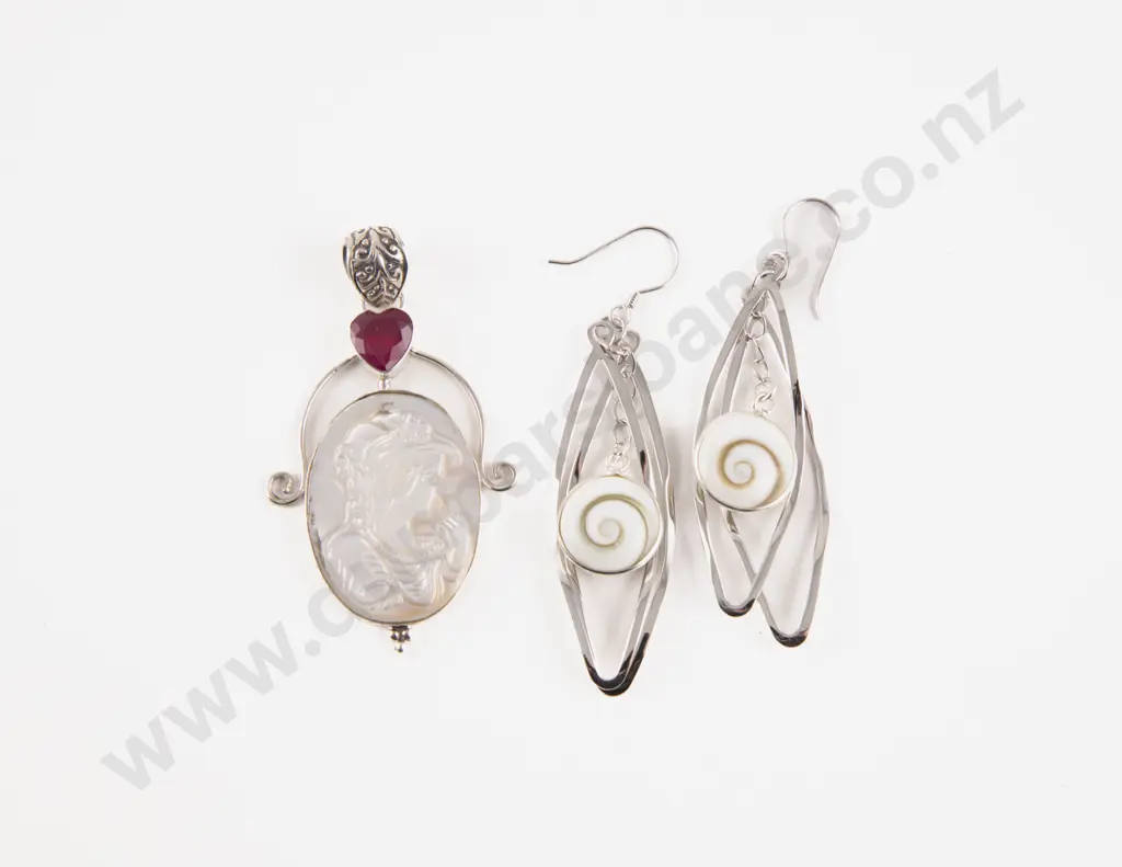S/S and Paua Portrait Pendant with Pair Pendant Drop Cats Eye Earrings Image 1++