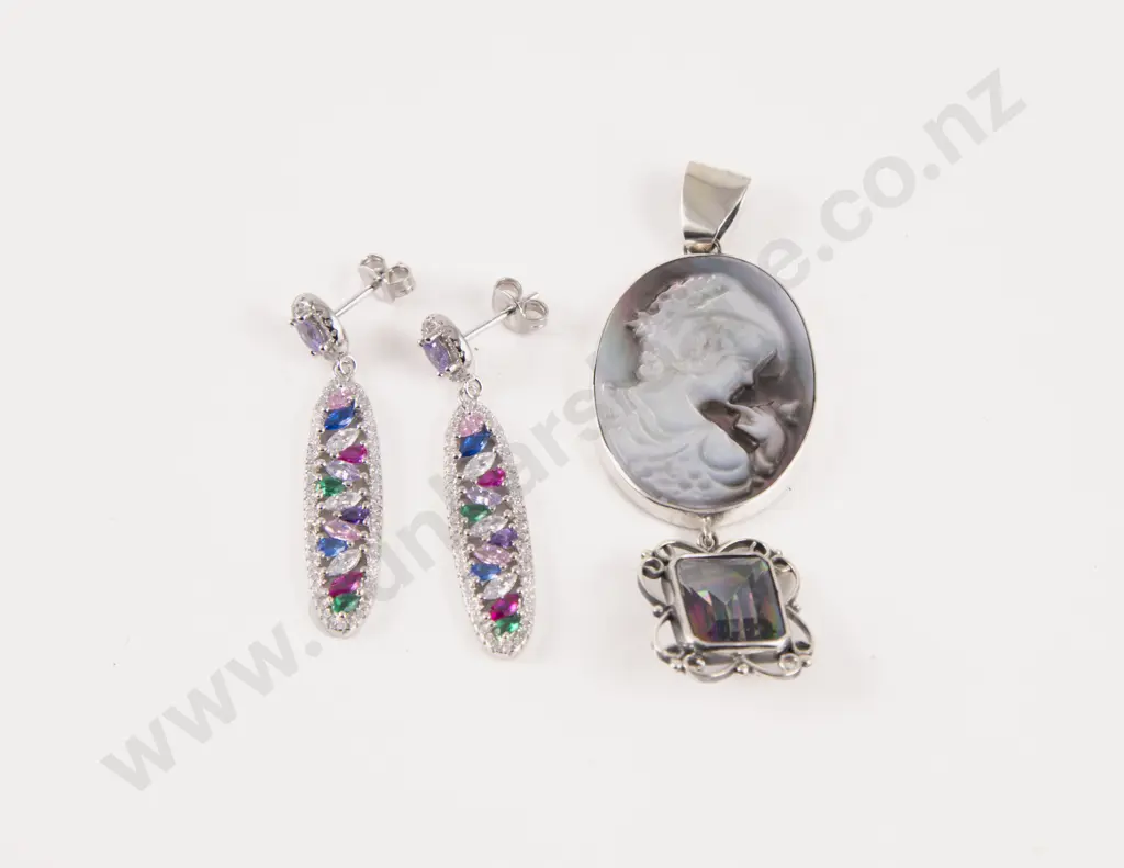 S/S and Paua Portrait Pendant with Pair Pendant Drop Crystal Earrings Image 1++