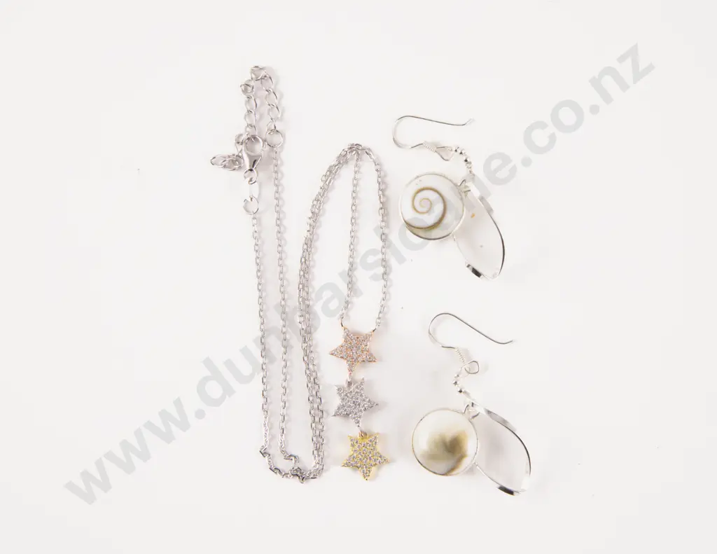 S/S Crystal Star Drop Necklace with Cats Eye Pendant Drop Earrings Image 1++