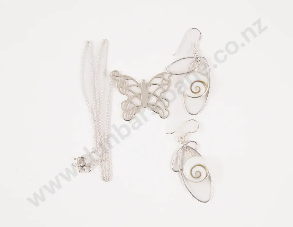 S/S Butterfly Necklace with Cats Eye Pendant Drop Earrings Image 1++
