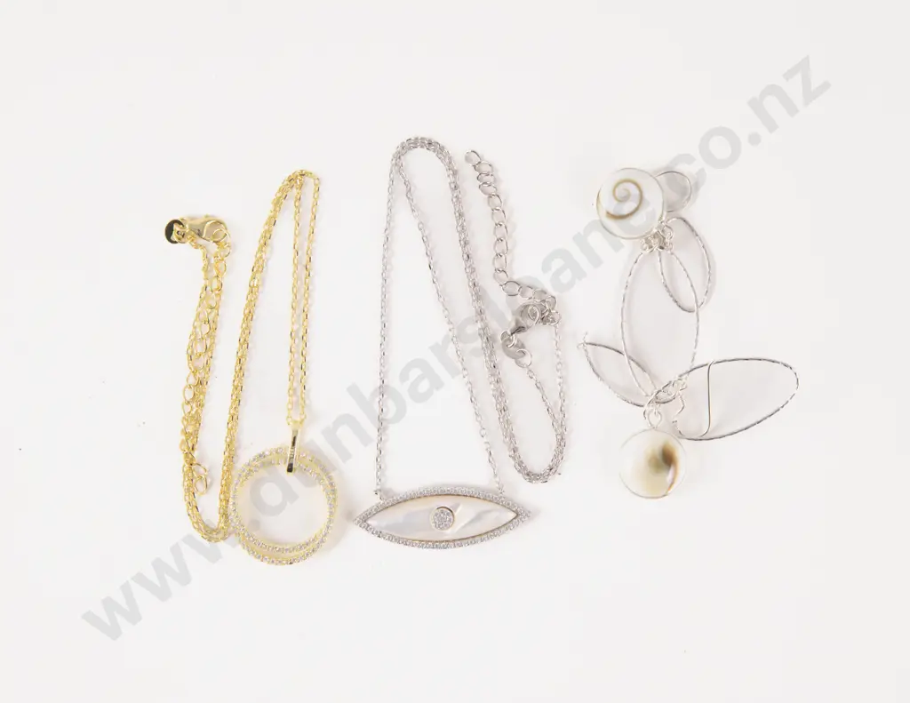 Two S/S Crystal Necklaces and Pair Cats Eye Pendant Drop Earrings Image 1++