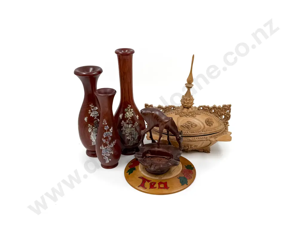 Vintage Basket of Assorted Woodware Including Inlaid Vases Image 1++