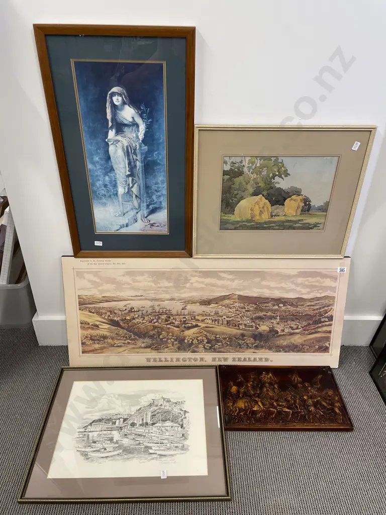 Historical Print on Board - Wellington NZ & Four Assorted Others Image 1++