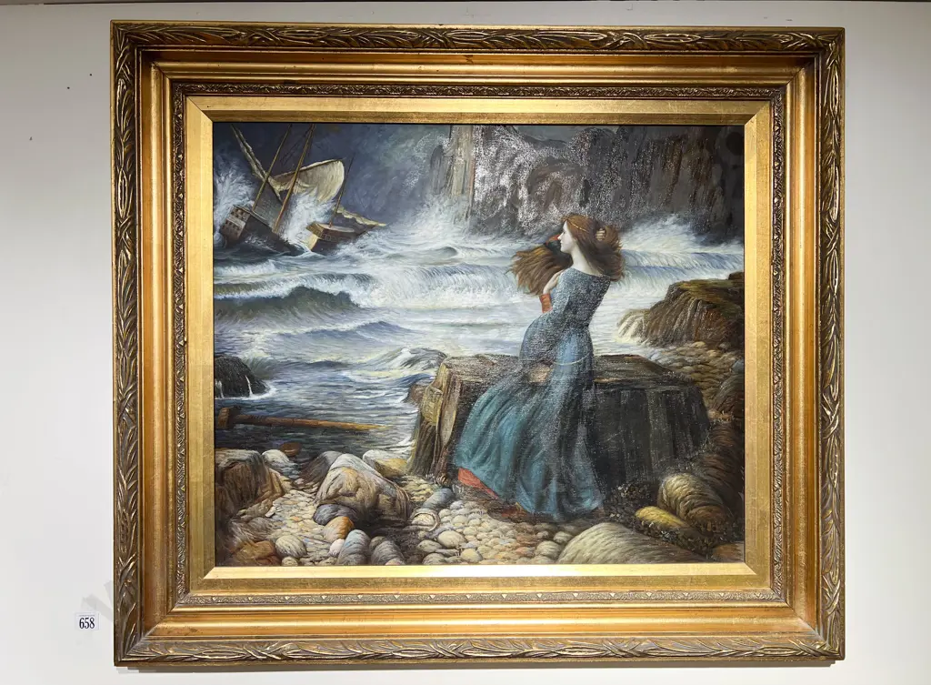 Unknown Artist - "Shipwreck & The Maiden" - Oil on Canvas Image 1++
