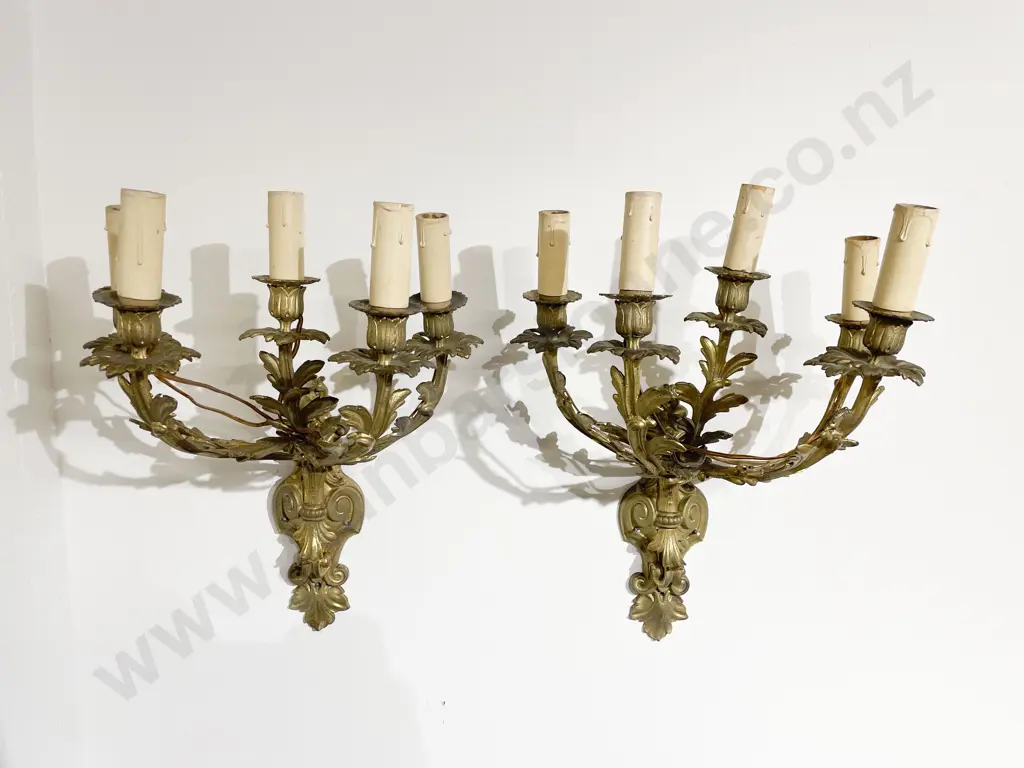 Pair of Gilt Metal Five Branch Wall Lights Image 1++