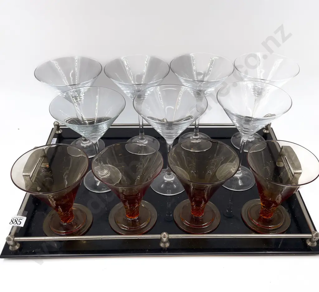 Art Deco Chrome and Glass Drinks Tray and 11 Martini Glasses Image 1++