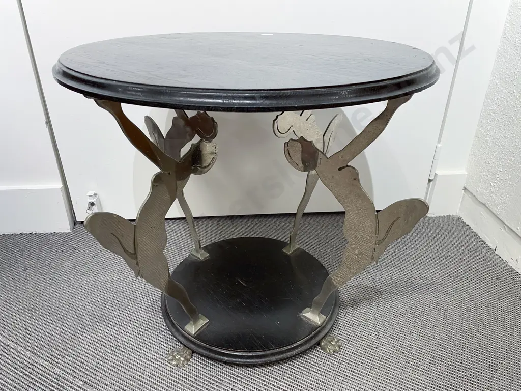 Art Deco Ebonised Circular Table with Four Chromed Figural Supports on Lions Paw Feet Image 1++