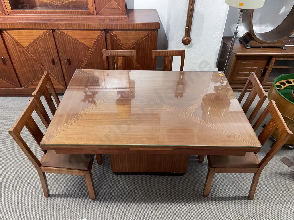 Art Deco Teak and Satinwood Inlaid Pull Out Dining Table and Six Chair Image 1++