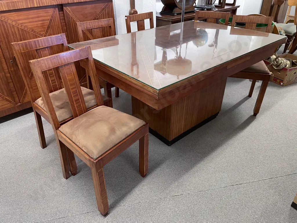 Art Deco Teak and Satinwood Inlaid Pull Out Dining Table and Six Chair Image 1++