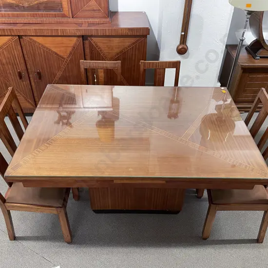Art Deco Teak and Satinwood Inlaid Pull Out Dining Table and Six Chair