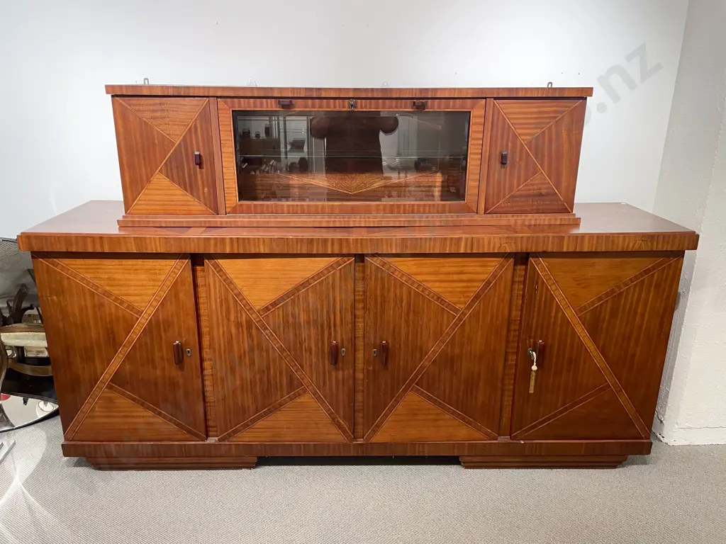 Large Art Deco Teak and Satinwood Inlaid Four Door Side Board with Matching Wall Hanging Side Cabinet Image 1++