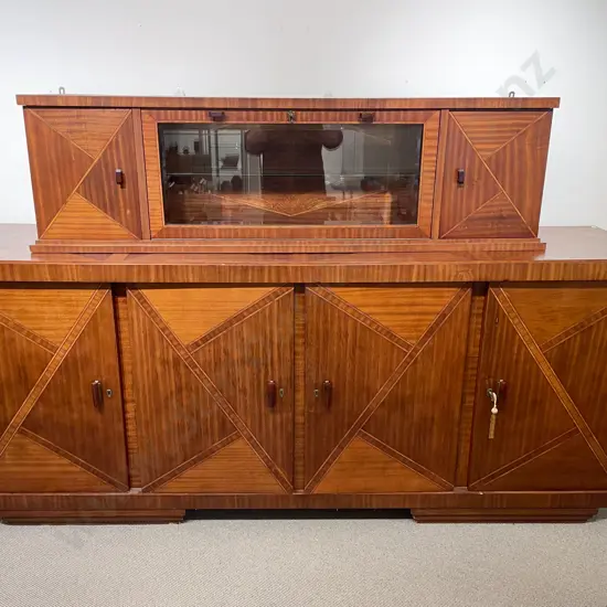 Large Art Deco Teak and Satinwood Inlaid Four Door Side Board with Matching Wall Hanging Side Cabinet