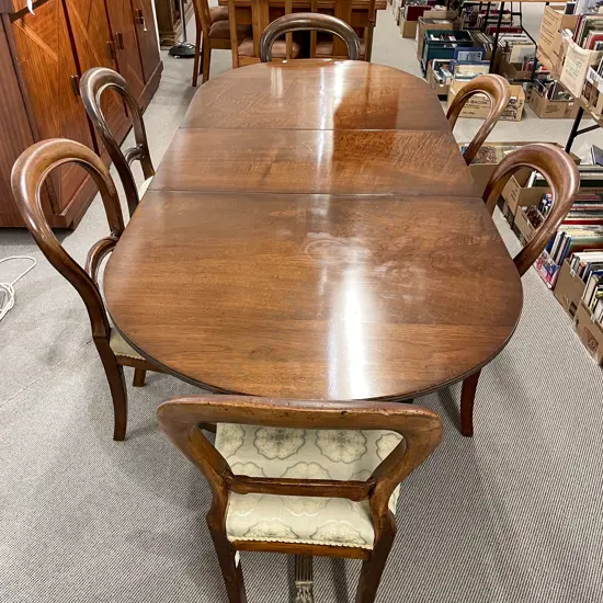 Mahogany Twin Pillar Dining Table and Set of Six Victorian Balloon Back Chairs *NOTE PHOTO CHANGE
