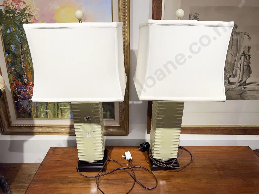 Pair of Square Ceramic Lamps & Shades Image 1++