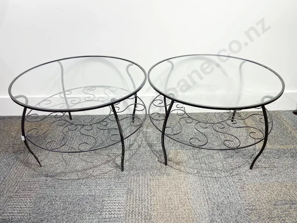 Pair Wrought Metal Glass Topped Circular Occasional Tables Image 1++