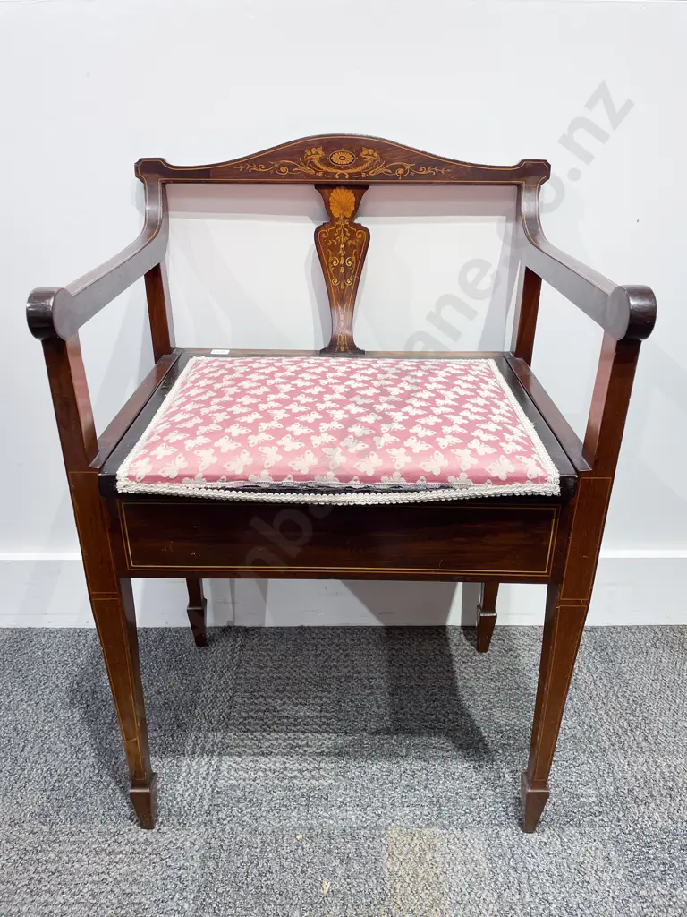 Edwardian Mahogany & Marquetry Piano Stool Image 1++
