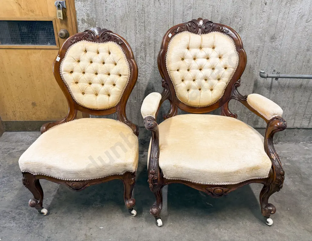 Victorian Walnut Grandfather & Grandmother Chair Image 1++