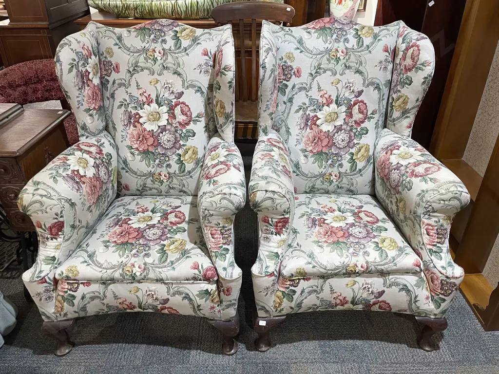 Pair of Wingback Armchairs Upholstered in Sanderson Linen Image 1++