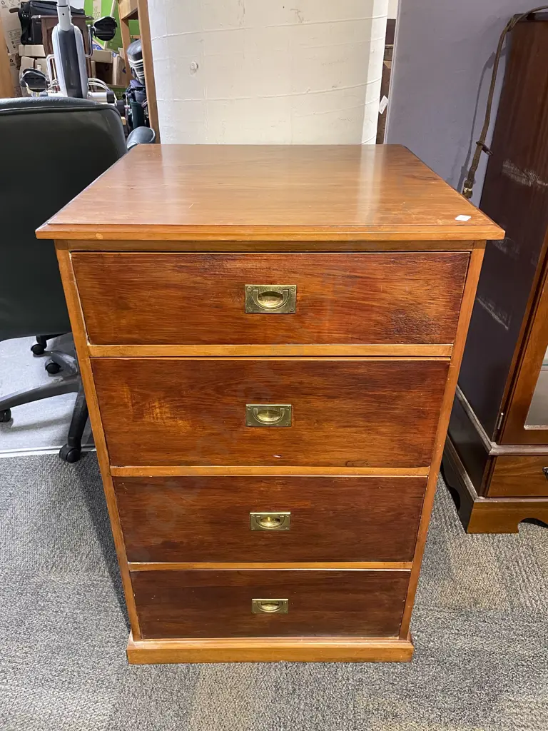 Campaign Style Square Form Four Drawer Chest Image 1++