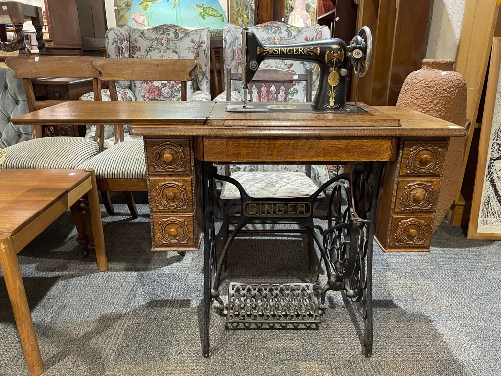 Singer Sewing Machine on Treadle Base Image 1++