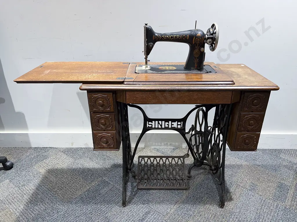 Singer Sewing Machine on Treadle Base with Sewing Gear Image 1++