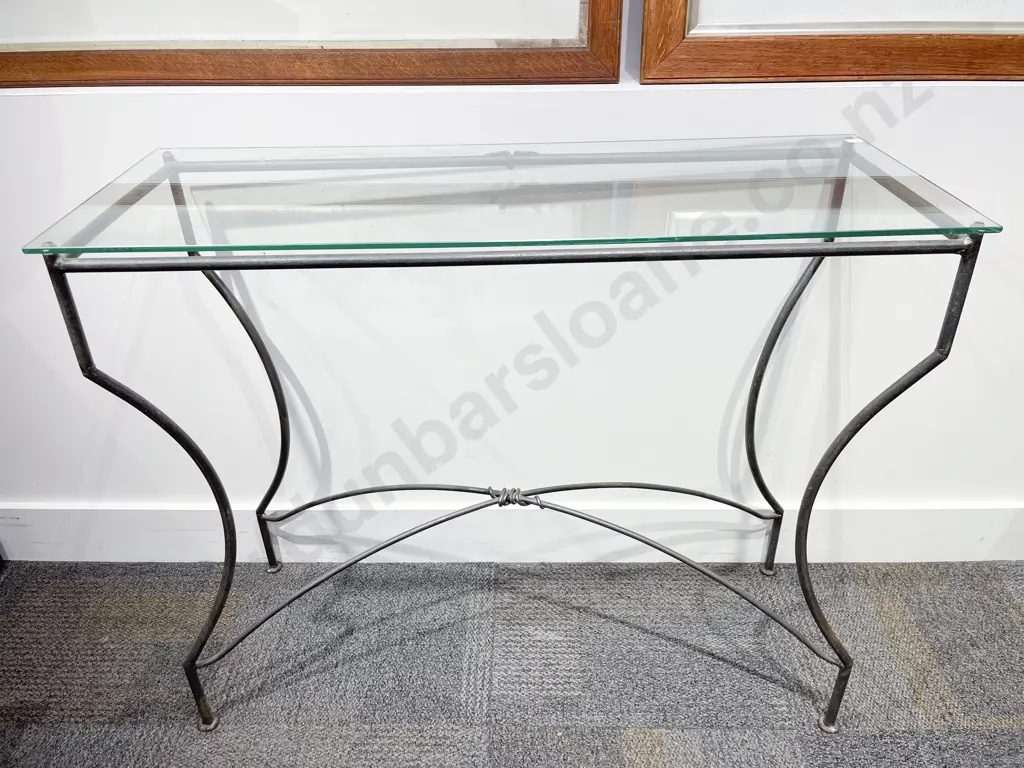 Glass Topped Hall Table on Wrought Metal Base Image 1++