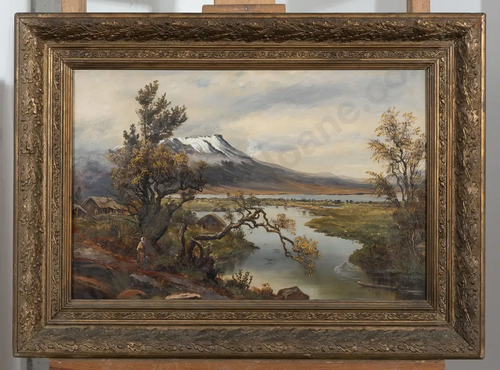 Charles Blomfield - NZ River Landscape with Māori Pā Figures and Waka Image 1++