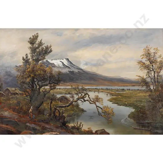 Charles Blomfield - NZ River Landscape with Māori Pā Figures and Waka