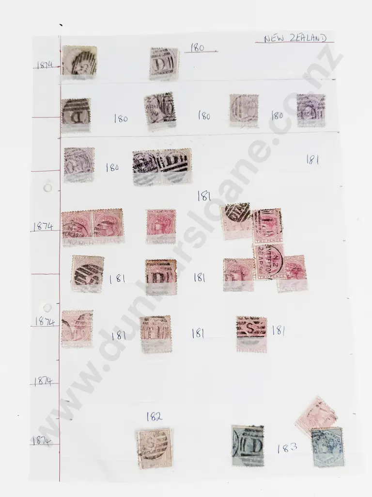 NZ 1874 First Sideface 1d Lilac x9 - 2d Rose x14 - 4d Maroon - 6d Blue x2 Image 1++