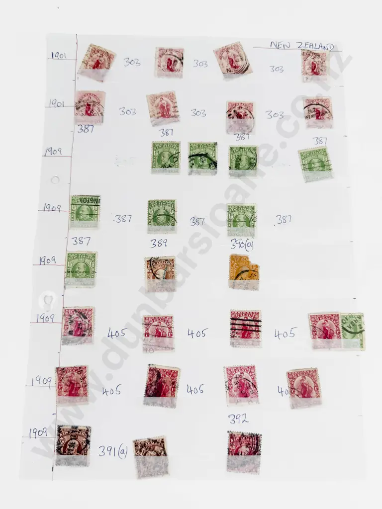 NZ 1901 Penny Universal x8 - 1909 EdwVII 1/2d Green x9 - 3d Brown - 1d Dominion x8 Also Image 1++