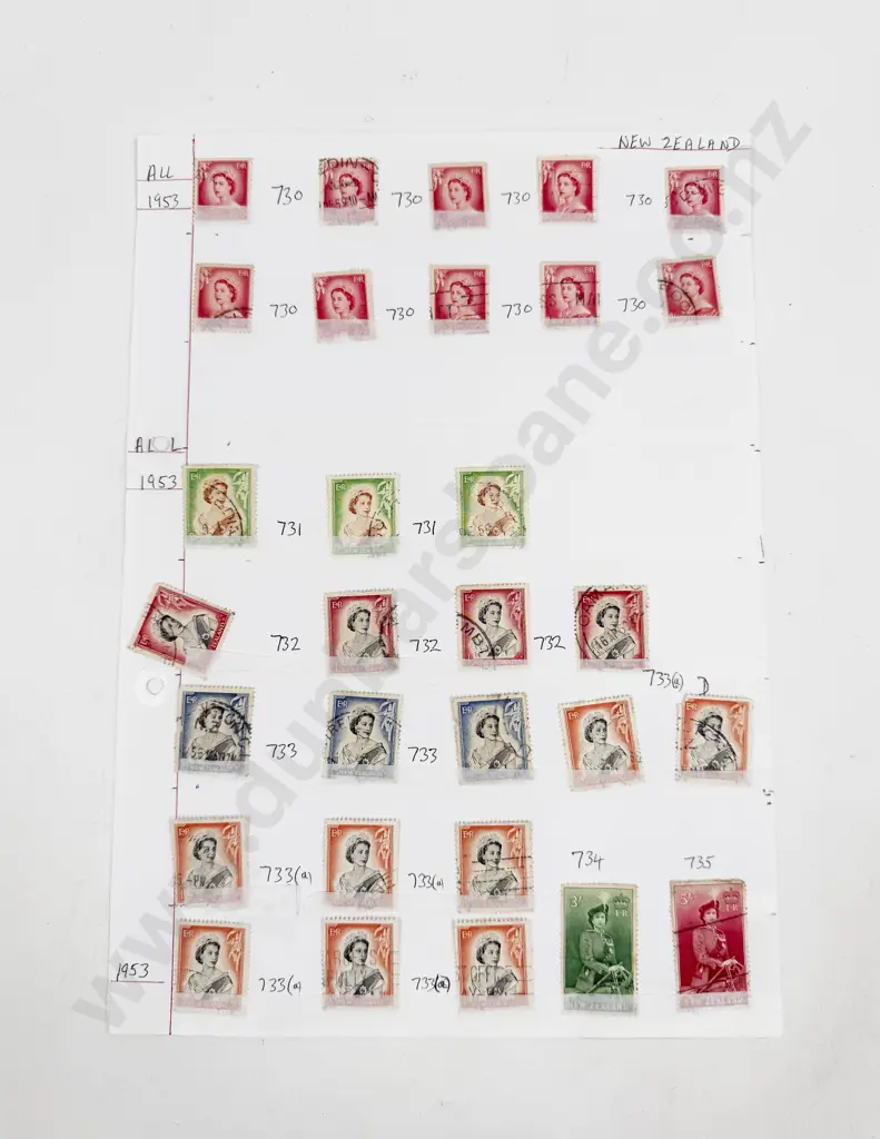 NZ 1953-54 QEII - 1954 & 1955 Health - 1955 Stamp Centenary and QEII Large Figures Image 1++
