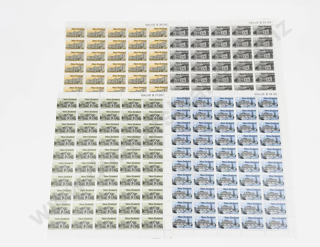 NZ 1980 Architecture Sheets 14c x50 x12 - 17c x50 x1 - 25c x50 x10 - 30c x50 x20 Image 1++