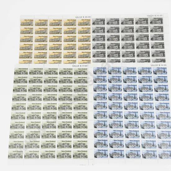 NZ 1980 Architecture Sheets 14c x50 x12 - 17c x50 x1 - 25c x50 x10 - 30c x50 x20