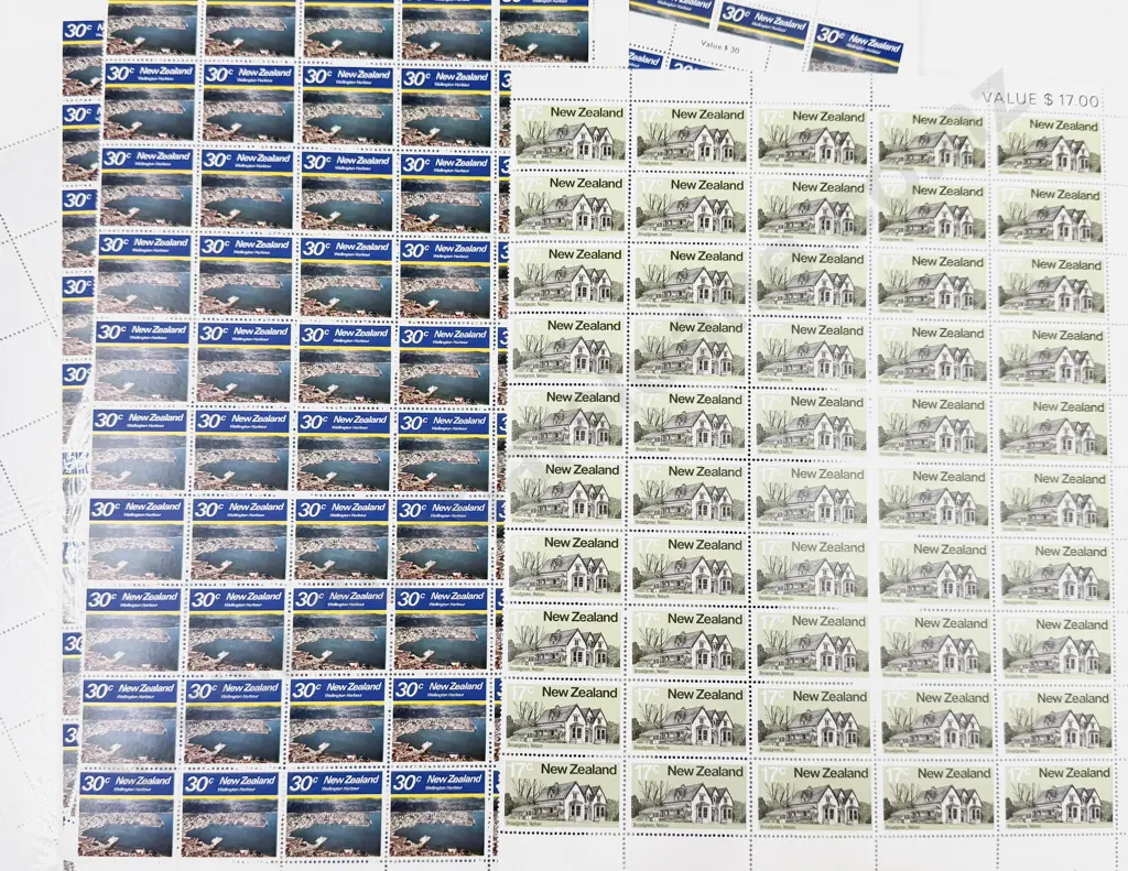 NZ 1980 Architecture Part Sheets 17c x50 x11 1980 Images Wellington Harbour 30c x50 x8 Image 1++