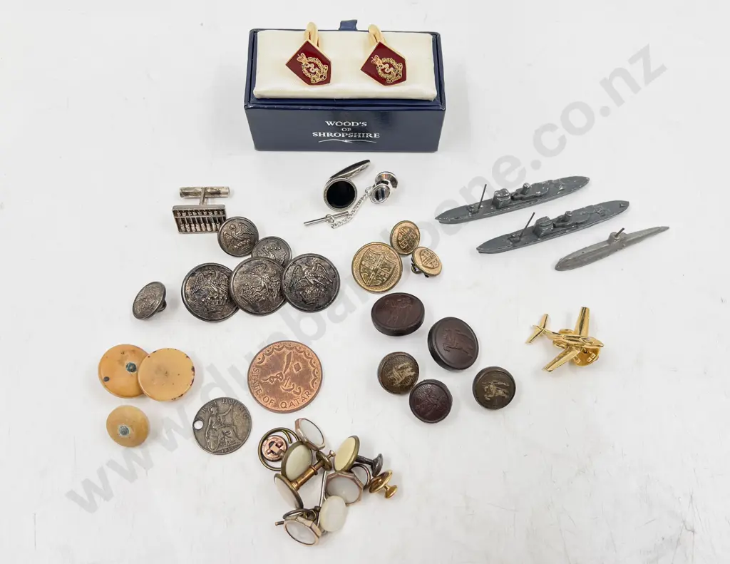 Pair Royal Army Medical Corps Cuff Links with Various Stud Buttons and Three Lead Ship Models Image 1++