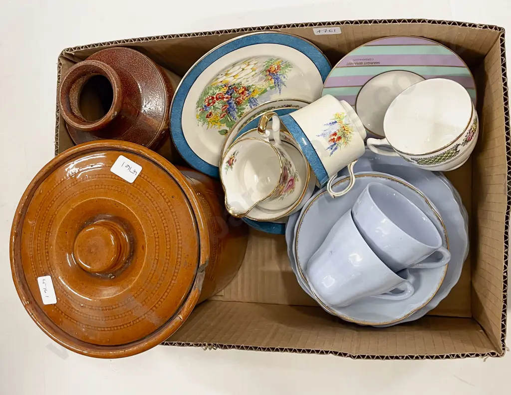 Doulton Lambeth Stoneware Vase together with Box of Assorted China and Stoneware Image 1++