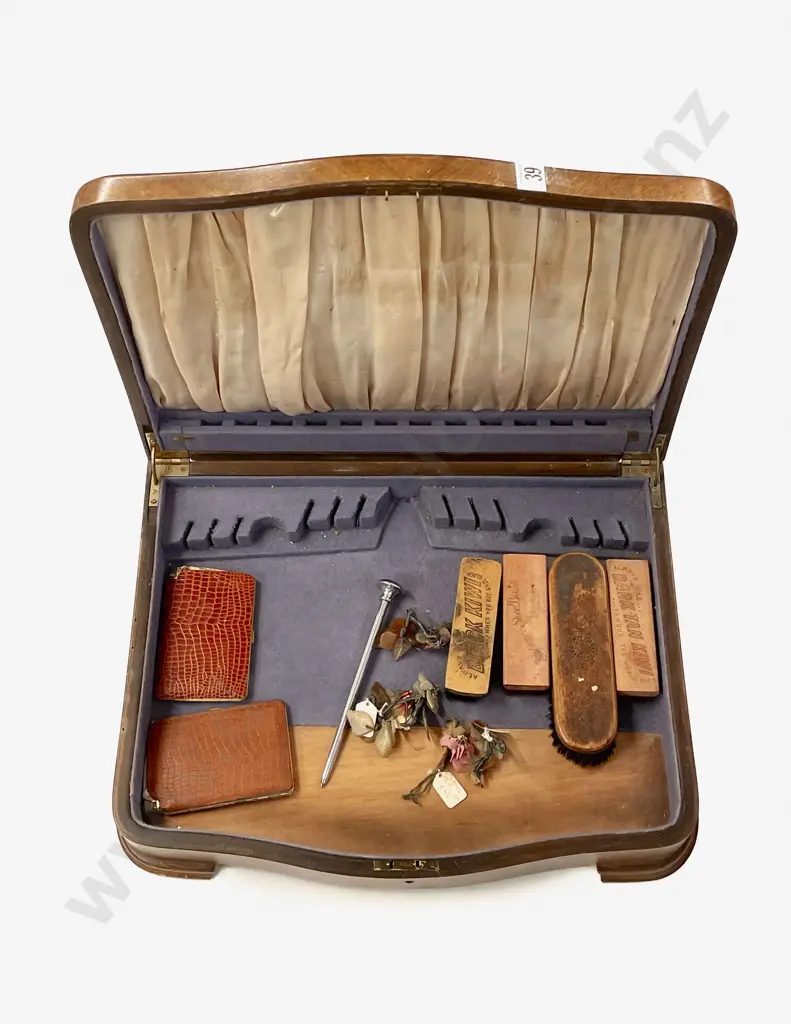 Two Cig. Cases with Assorted Vintage Shoe Brushes and Hardstone Ornaments Etc Image 1++
