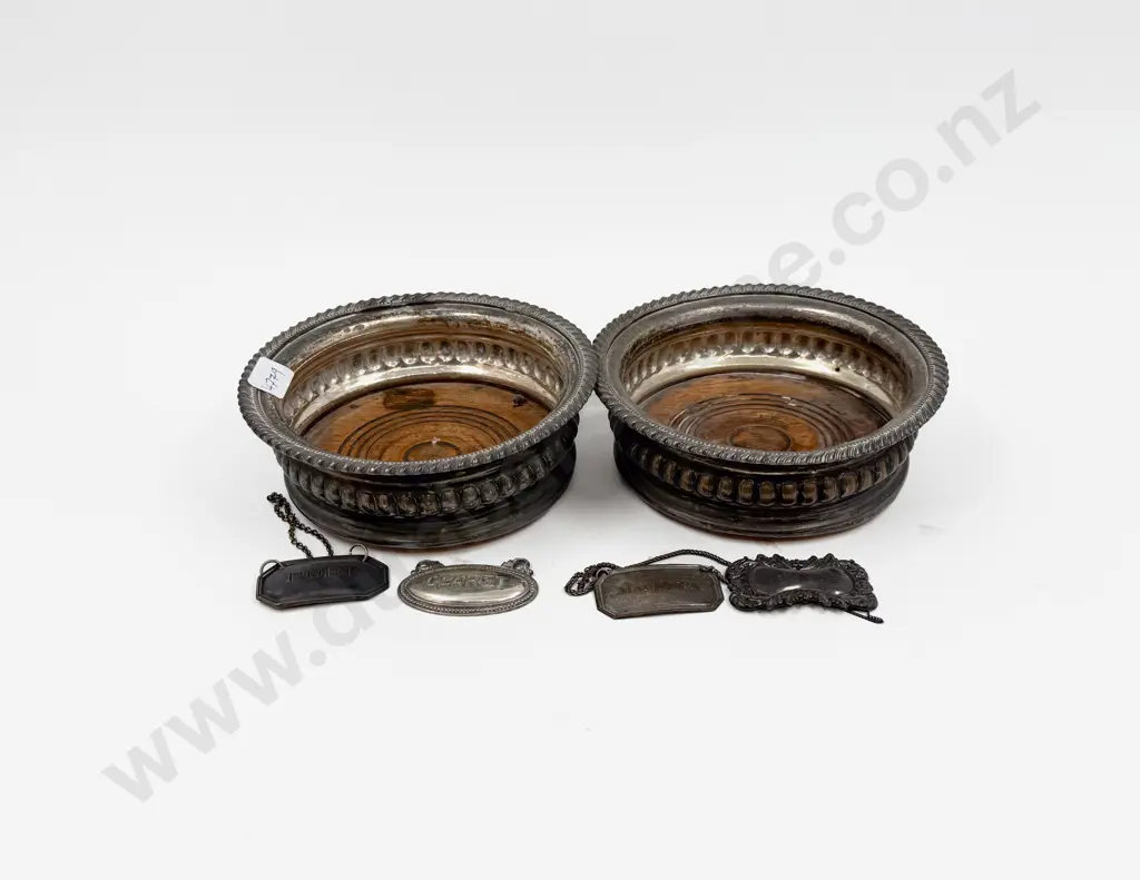 Pair of S/P Wine Coasters and Four Assorted Decanter Labels Image 1++