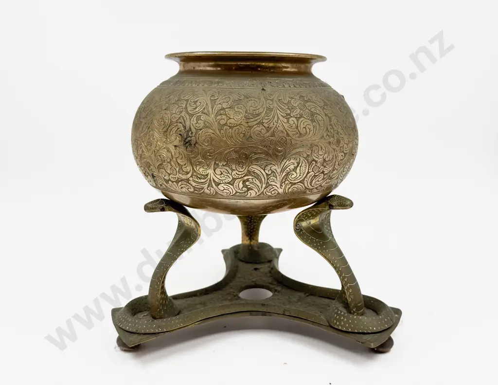 Brass Snake Form Plant Stand and Associated Brass Planter Image 1++