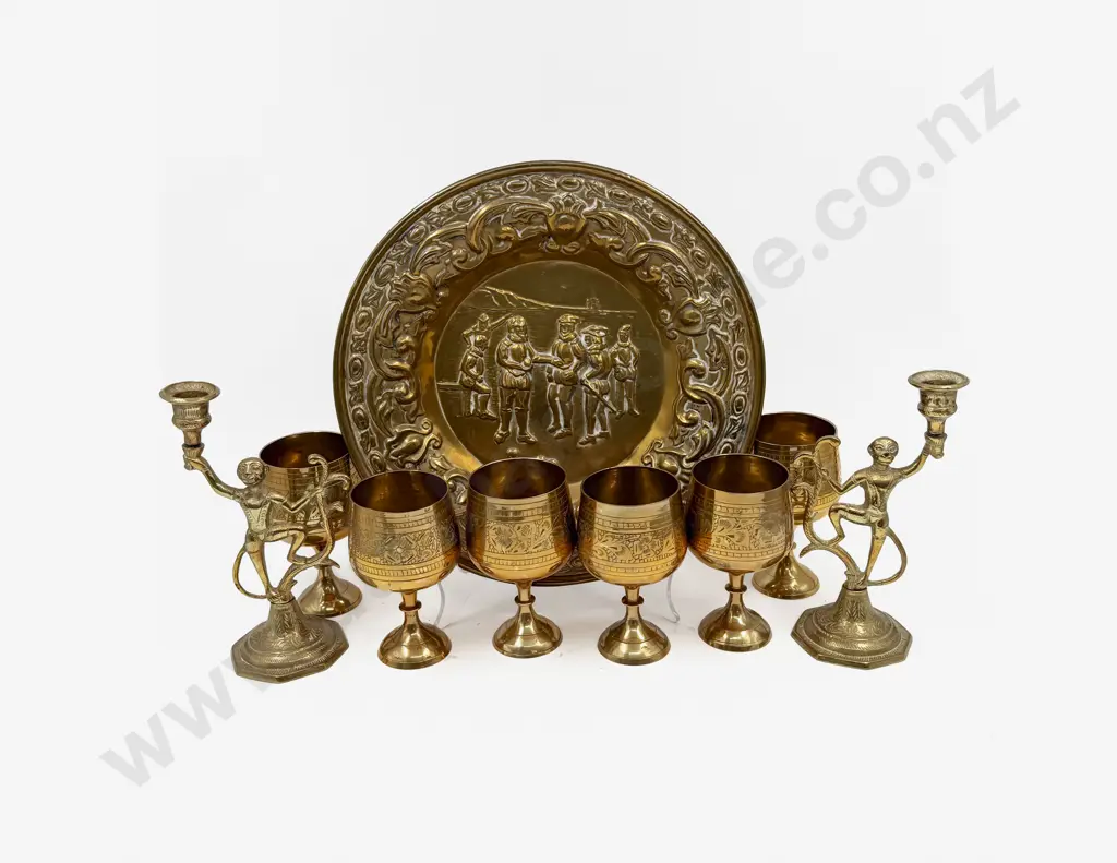Pair of Monkey Form Candle Sticks with Brass Goblets and Embossed Plate Image 1++