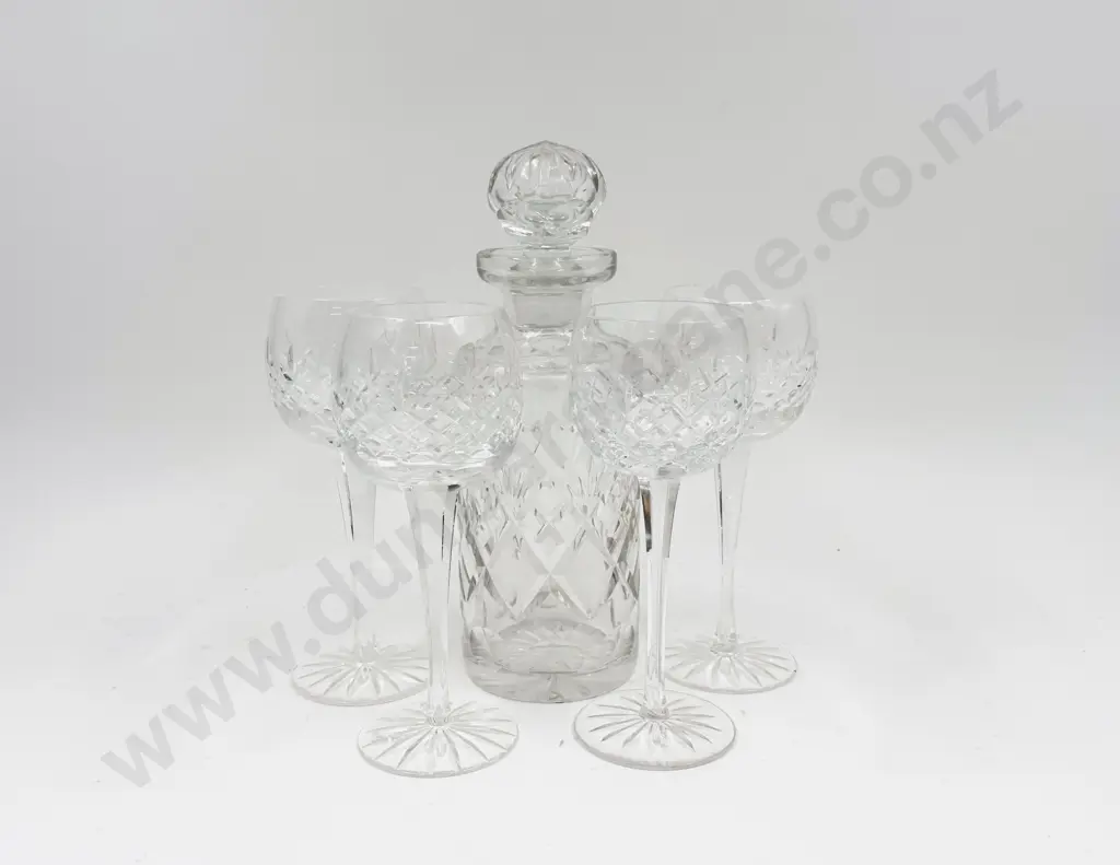 Webb and Corbett Decanter and Four Assorted Wine Glasses Image 1++