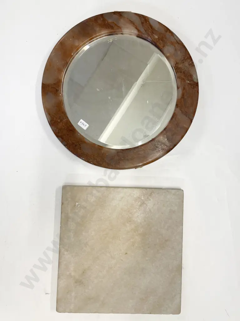 Marble Framed Circular Bevel Edged Wall Mirror together with Square Marble Slab Image 1++