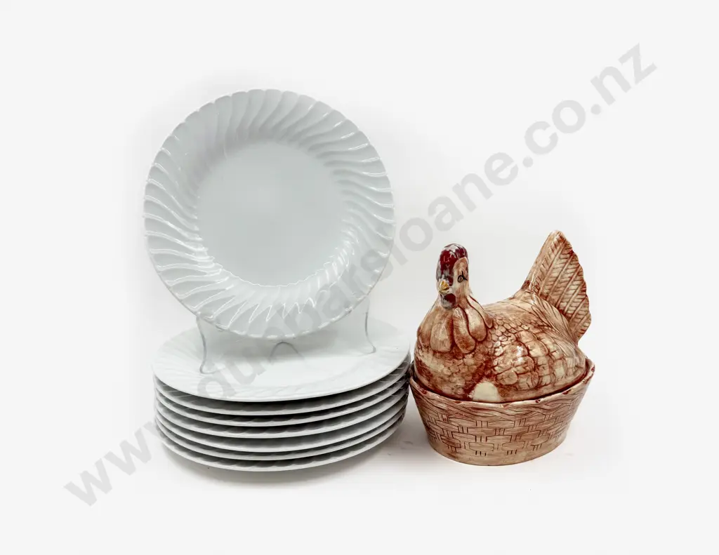 Chicken Form Ceramic Tureen and Eight White China Plates Image 1++