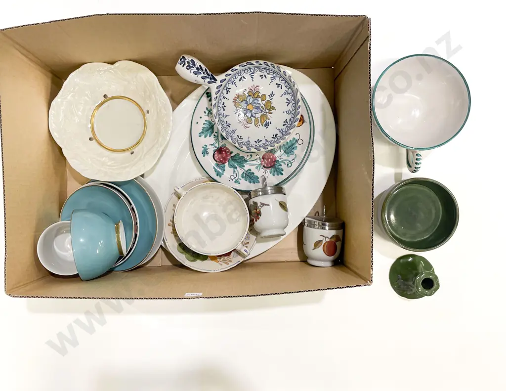 Box of China Including Egg Coddlers and Breakfast Mugs Image 1++